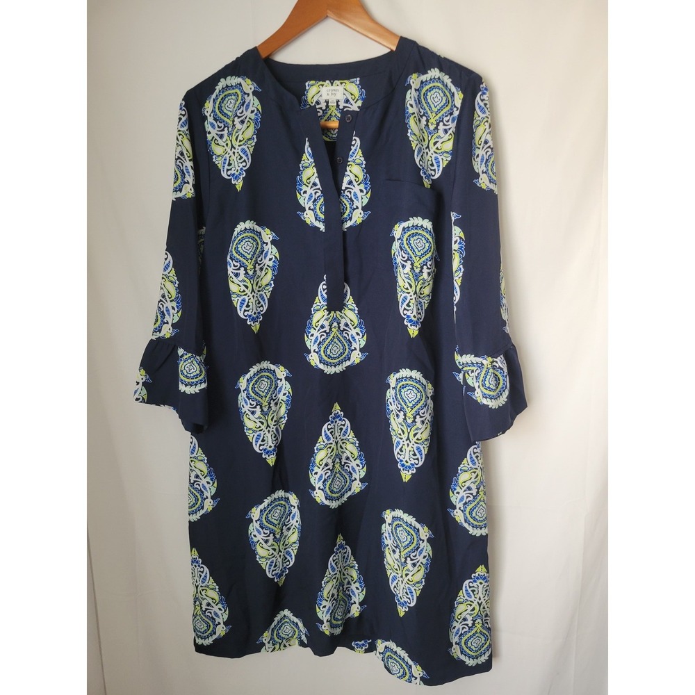 Crown & Ivy Women's Size 16 Navy Blue Paisley Bell Sleeve Tunic Shift Dress